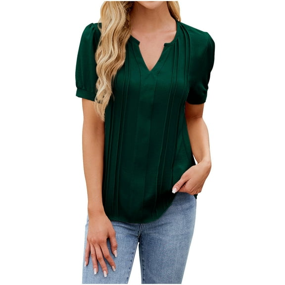 Women's Casual Shirts Spring Summer Short Sleeved T-Shirts Solid Color V-Neck Blouses Loose Pleated T-Shirt Daily Basic Pullover Top