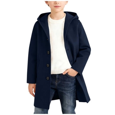 Ticikt Boys Casual Trench Coat Kids Winter Hooded Long Jacket Single- Pea Coat with Pockets Color:Navy Size:15-16 Years