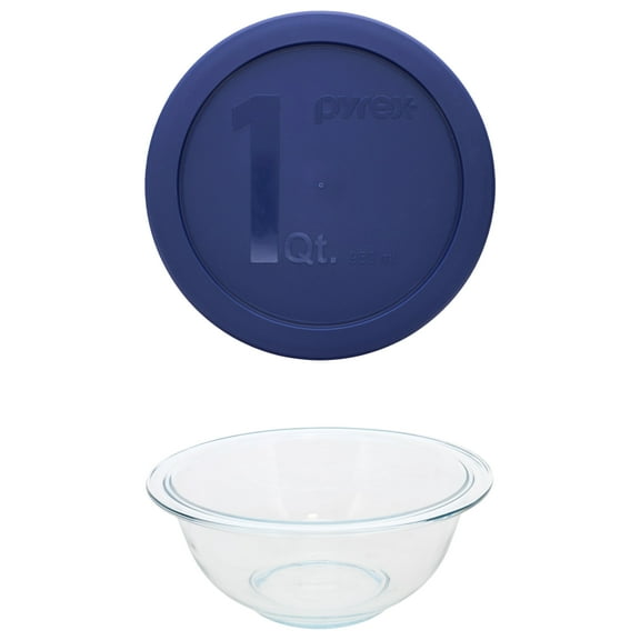 Pyrex (1) 322 1qt Glass Mixing Bowl and (1) 322-PC 1qt Blue Mixing Bowl Lid