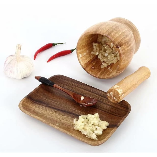 Tarro de bambú para picar ajo, tarro para picar, para alimentos de cocina, accesorios de cocina, (con tapa, tamaño mediano)