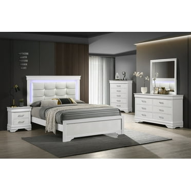 Modern LED Light Queen Panel Upholstered Bed Wooden Master Bedroom 6pc Set White