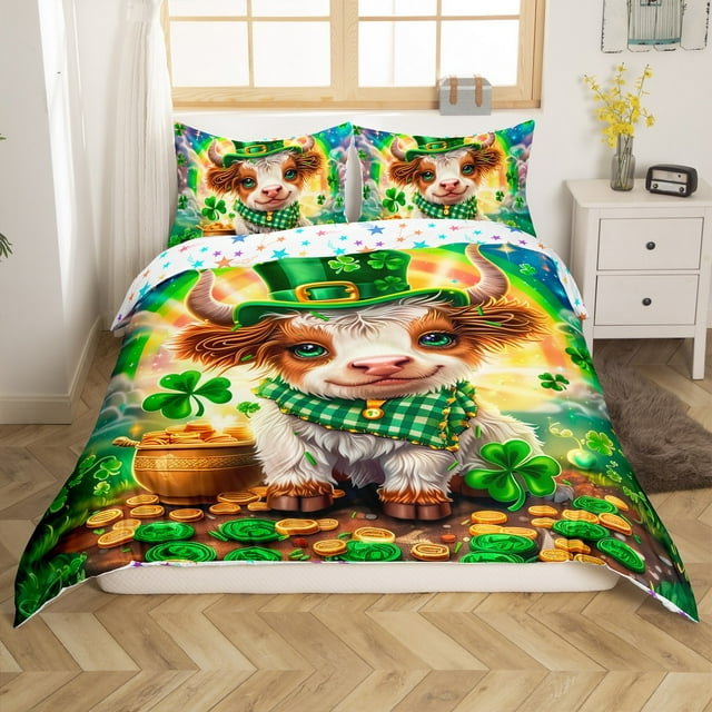 Erosebridal Housse de Couette Vache Rustique Grand, Housse de Couette Trèfle Pièce Grand, Décor Animaux de Ferme, Réversible 3 Pcs
