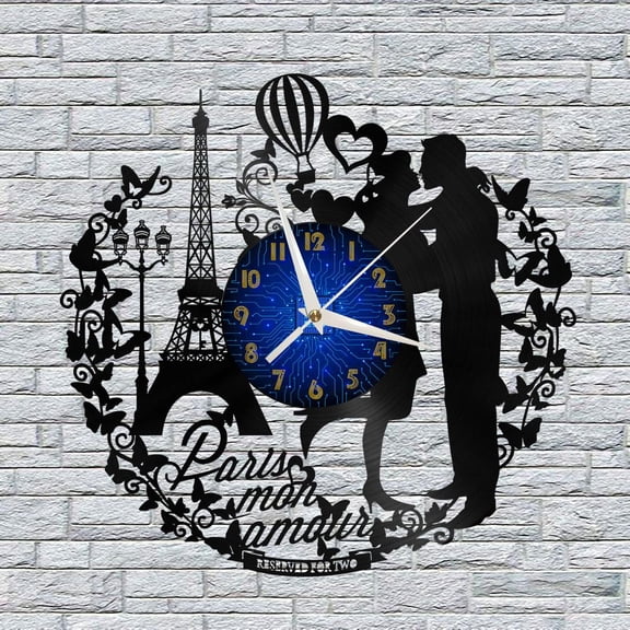 Paris Romantic Lover 12 Inch Vinyl Record Wall Clock - Silent, Creative, and Unique Clock for Living Room, Entryway, or Bedroom Decor - Perfect Gift Idea(12 inchs B without LED)