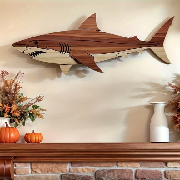 Rustic Wooden Shark Wall Decor Ocean Fish Wall Hanging Sculpture Coastal Beach Style Wall Art for Bedroom Living Room