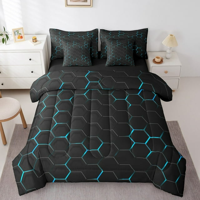 YST Ensemble de Literie 7 Pcs Bleu à Motif Nid d'Abeilles, Ensemble de Drap-Housse Géométrique, Ensemble de Couette de Literie Moderne Abstraite, Lit Simple