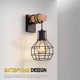 thumbnail image 2 of 2 piezas de luz de pared interior industrial de metal y madera vintage, luz de pared de jaula E27 Max 40W luz de pared para dormitorio cocina comedor negro Adepaton YQ-2484, 2 of 6