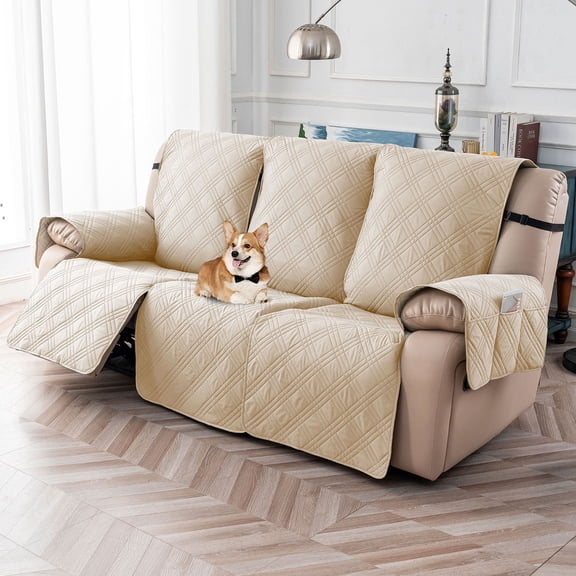 3-Seater Waterproof Non-Slip Recliner Sofa Cover with Side Pocket, for Bedroom Office Living Room, Elastic Adjustable Lounge Chaise Slipcover（Beige）