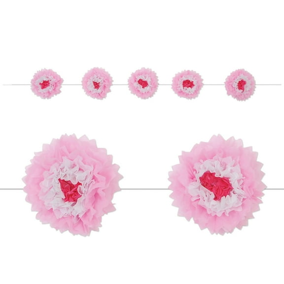 Party Central Pack of 6 Ombre Baby Pink and Red Pom Pom Tissue Fluff Garland Decors 8'