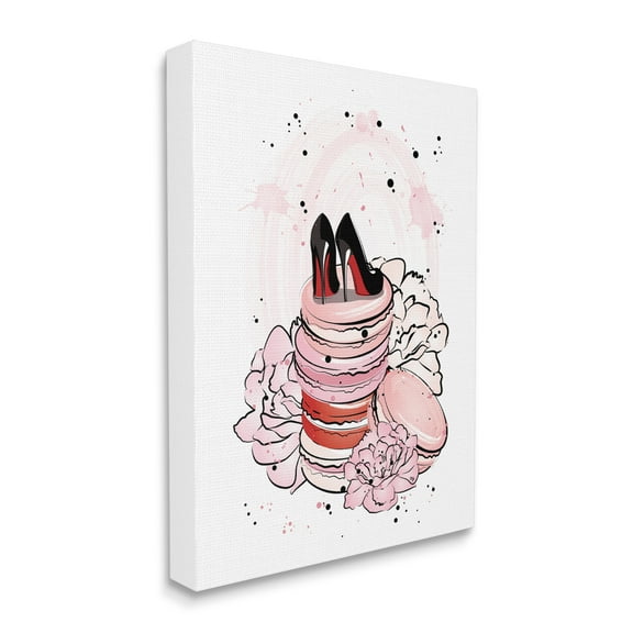 Stupell Industries Glam Red Bottom Heels on Pink Macarons Beauty & Fashion Painting Gallery Wrapped Canvas Art Print Wall Art, 16 x 20