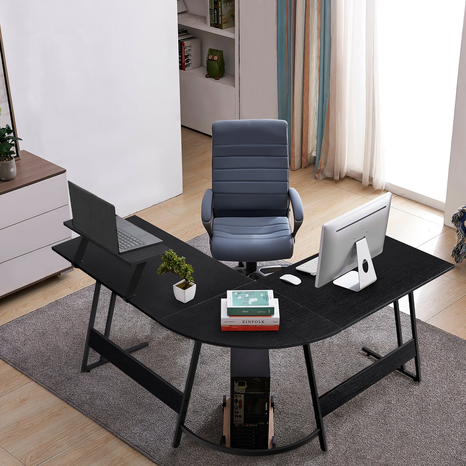 Vineego L-Shaped Computer Desk Modern Corner Desk Home Office Writing Sturdy Workstation with Movable Table, Black