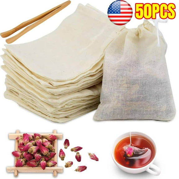 50 Pcs Natural Cotton Spice Bags for Cooking, Reusable Tea Filters with Drawstring, Ideal for Straining Soups, Herb Sachets & Cold Brew