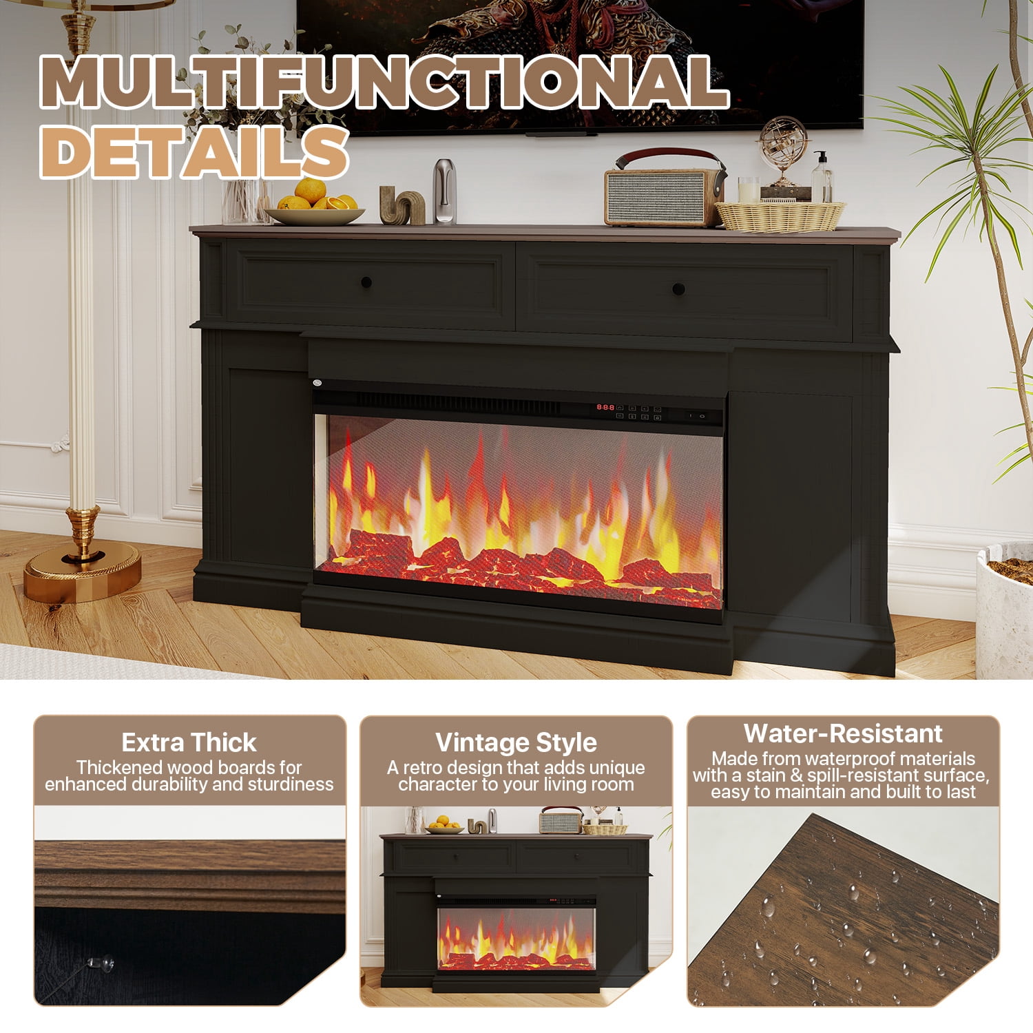 BaPiPro Fireplace TV Stand with 3D Flame Electric Fireplace Heater for up to 75" TV, Farmhouse Entertainment Center with 36″Fireplace for Living Room, White