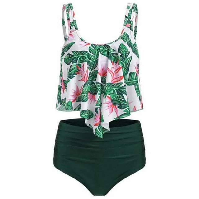 Women 2Pcs Padded Ruffle Strappy Crop Tops High Waist Bikini Set Swimsuit Swimwear Summer