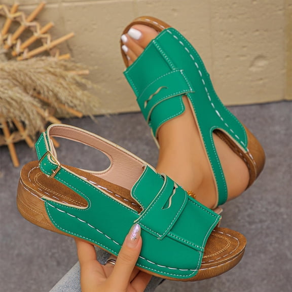 Womens Green Platform Sandals Stylish Wedge Heels Comfortable Walking Shoes Lightweight Cushioned Insole Arch Support Adjustable Ankle Strap Non-Slip Rubber Sole,Size 36