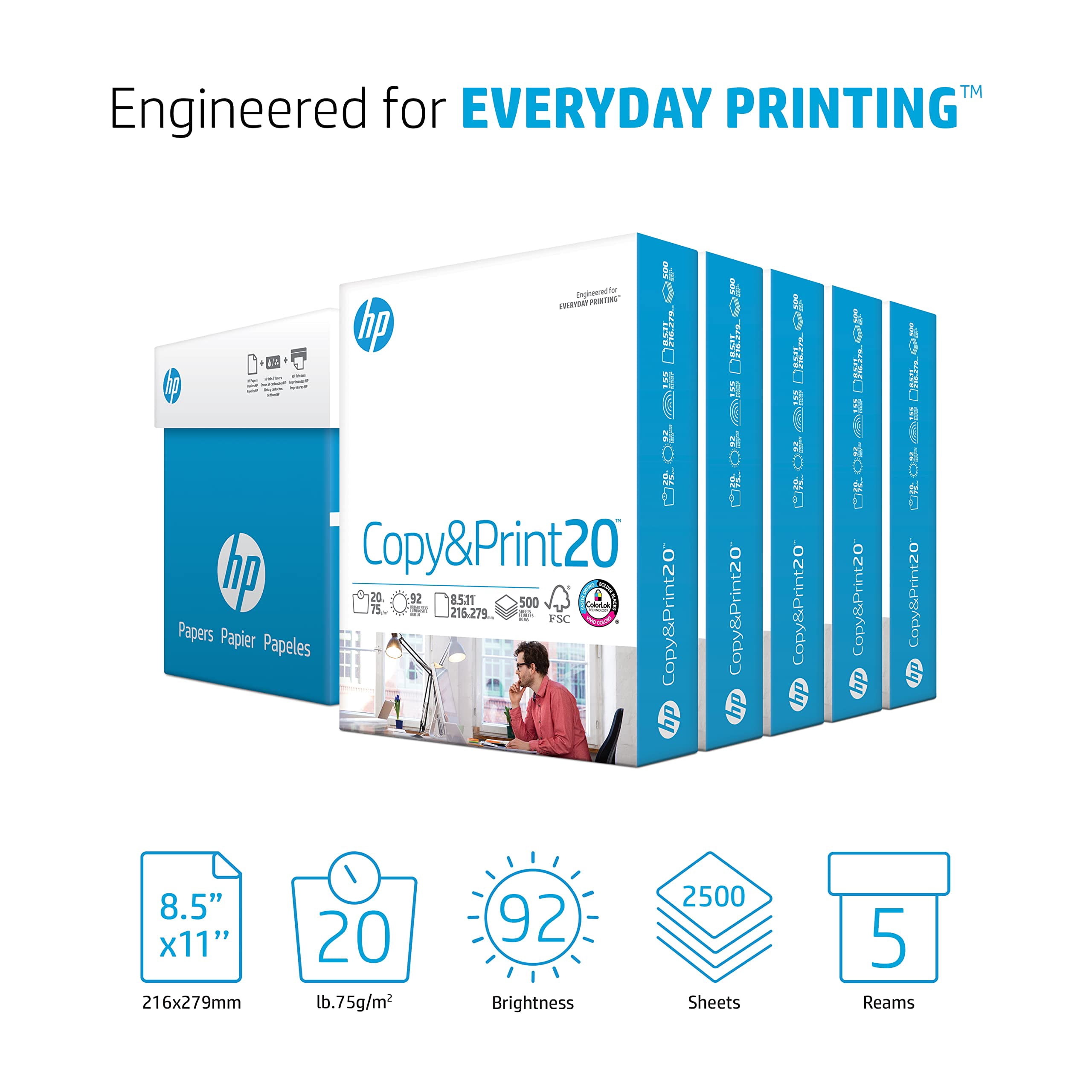 HP Copy&Print20, 8.5" x 11", 20 lb, 92 Bright White, 5 Reams (2,500 Sheets)