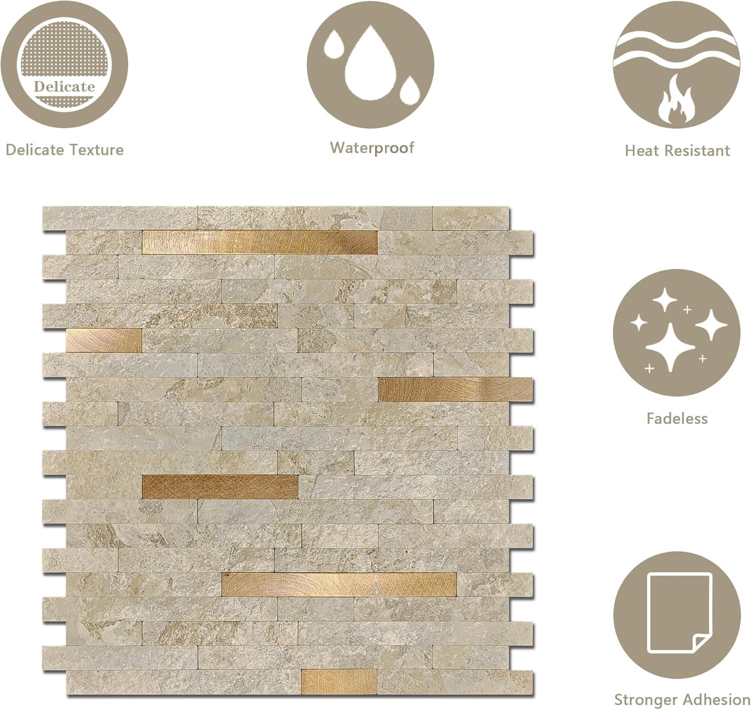 Peel and Stick Marble Backsplash Tile, 10 Sheets, Marble Stone Beige with  Golden Stripes, Self-Adhesive Wall Tile for Kitchen, Bathroom, Fireplace, RV (11.7" x 12.1")