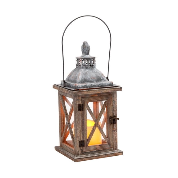 Gerson 42202 - 12" Wood and Glass Battery Operated LED Holiday Lantern with Timer (12"H Wood and Glass Lantern w/ Metal Mantle, Includes 3"H LED Candle and Timer)