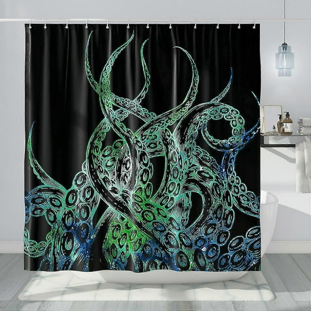 Black Nautical Octopus Shower Curtain Set,Cool Ocean Kraken Tentacle Shower Curtain for Bathroom,Funny Octopus Bathroom Decor Polyester Fabric - 182.8
