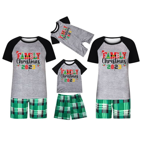 Penkiiy Matching Family Pajamas Christmas Pajamas for Family Xmas Matching Sets Short Sleeve Shirts and Plaid Shorts Santa Christmas Tree Sleepwear Two-piece Sets Gray 2XL