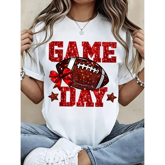 Game Day Football Shirt Women Sparkle Red Bow Graphic Tee Casual Top For Sports Fan Party Outfit