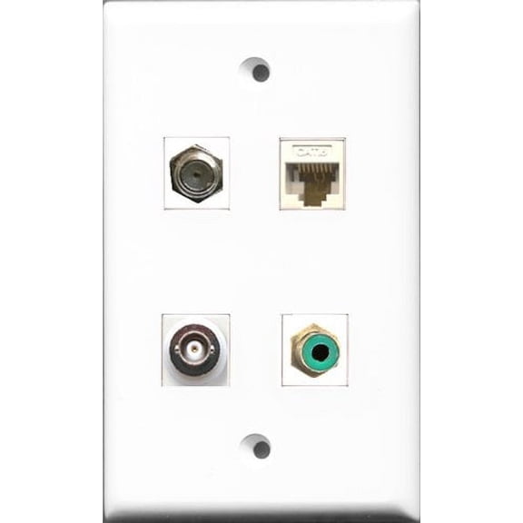RiteAV 1 Port RCA Green and 1 Port Coax Cable TV- F-Type and 1 Port BNC and 1 Port Cat6 Ethernet White Wall Plate