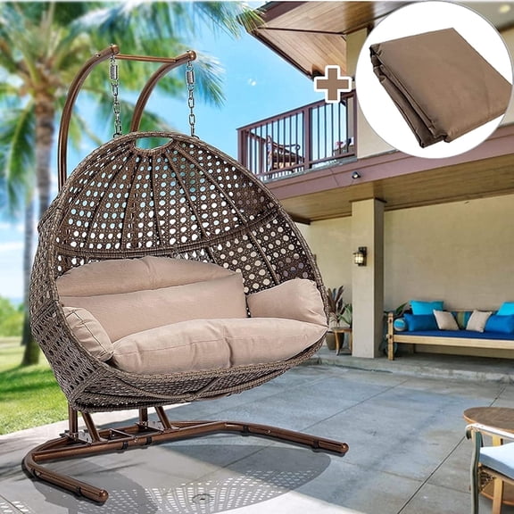 Oversized Double Egg Chair with Stand, PE Wicker Outdoor Hanging Swing Chair, 600lbs Capacity