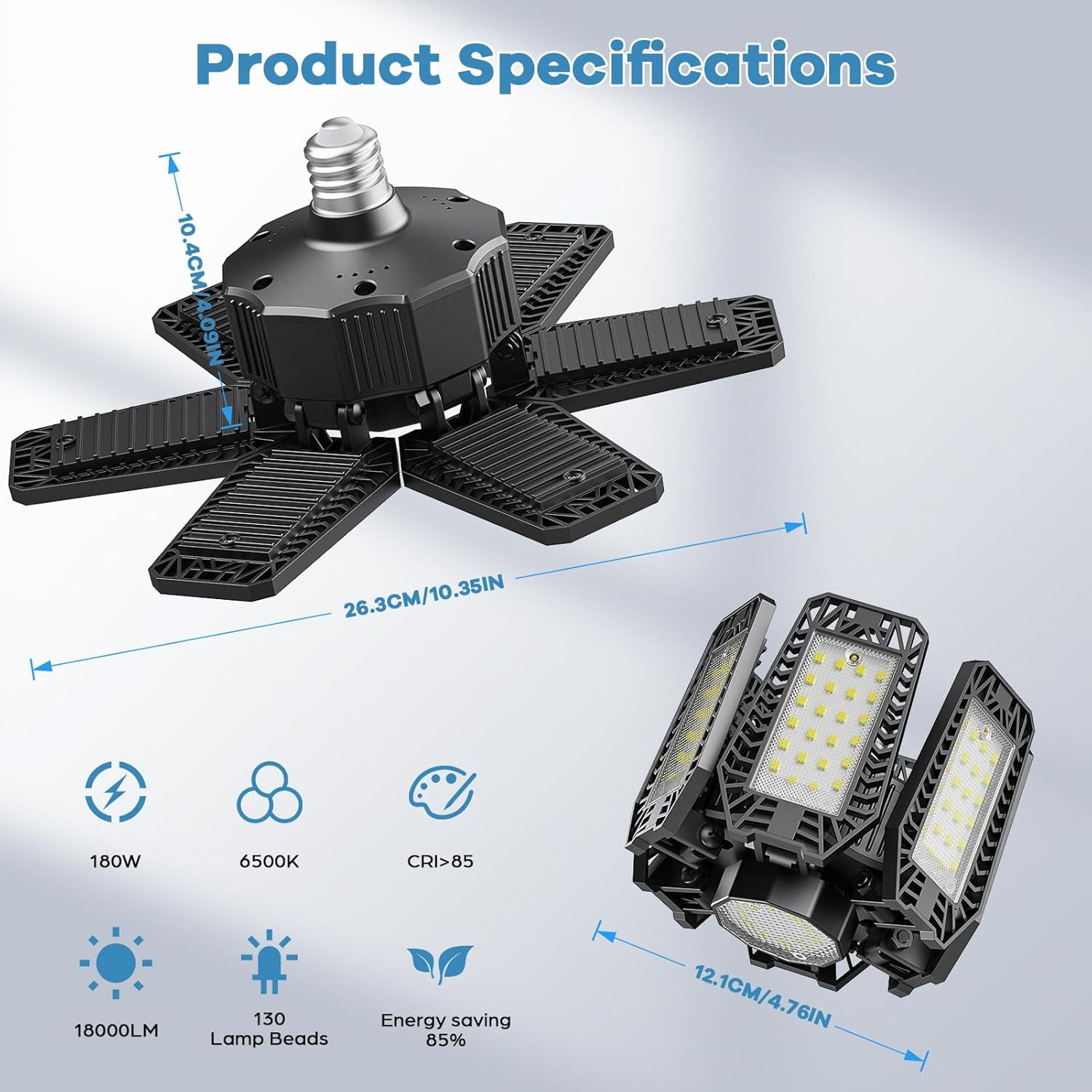 FEFEFW-Garage Light - 180W 18000 LM 6500K Deformable Garage Lights Ceiling LED with 6+1 Adjustable Panels, Shop Lights E26/E27 Screw Socket for workshops, Parking, Basement, Storage Room