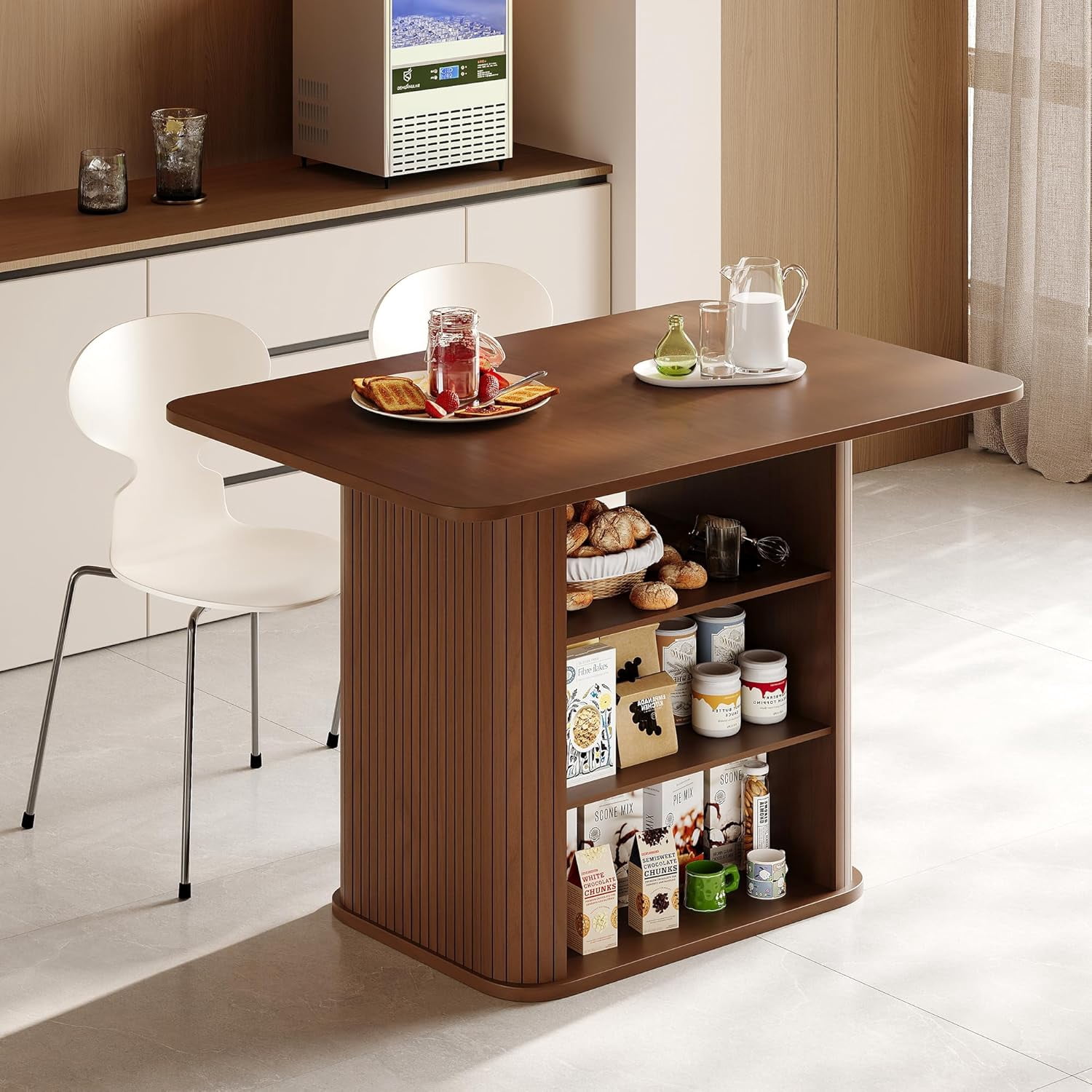 LAZZO 43.3" Dining Table for 4 People, Small Rectangular Kitchen Table with 3-Tier Storage Shelf, Walnut