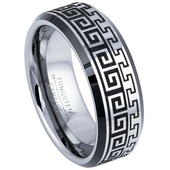 Greek Key Tungsten Carbide Ring - Mens 2-Tone Tungsten Wedding Band - Comfort Fit Ring - Greek Key Laser Engraving - 5