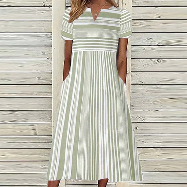 ICHUANYI Clearance Women's Fashion Casual Short Sleeve V-Neck Striped Print Pocket Maxi Dress(Green, XL) ICHUANYI WER2023081005247