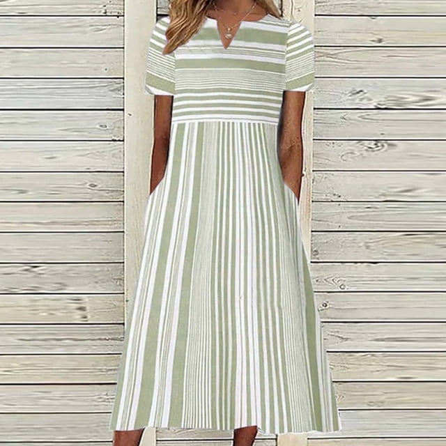 SMihono Robe Maxi Bohème d'Été pour Femmes Grande Taille Mode Décontractée pour Femmes Manches Courtes Col en V Imprimé à Rayures Poche Robe Maxi Robe de Plage Évasée