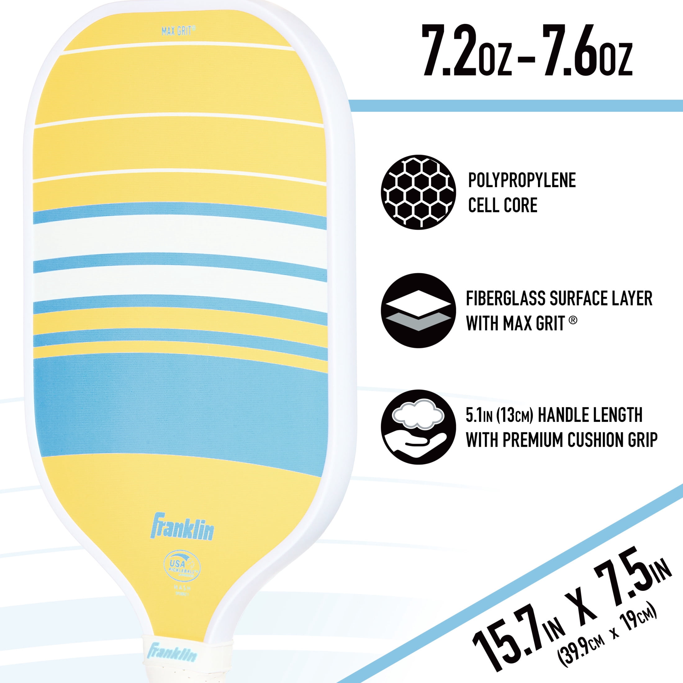 Franklin Sports Pickleball Paddle - Max Grit Fiberglass Surface - Polypropylene Core Pickleball Paddle - USA Pickleball (USAP) Approved - Yellow/Blue