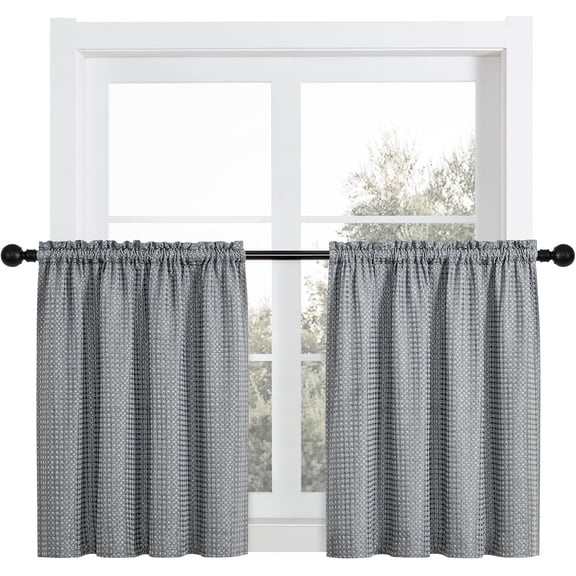 FRKSMD-Water Resistant Bathroom Window Curtains, Waffle Textured Half Tier Curtains for Kitchen, 28 W X 24 L Inches, Charcoal
