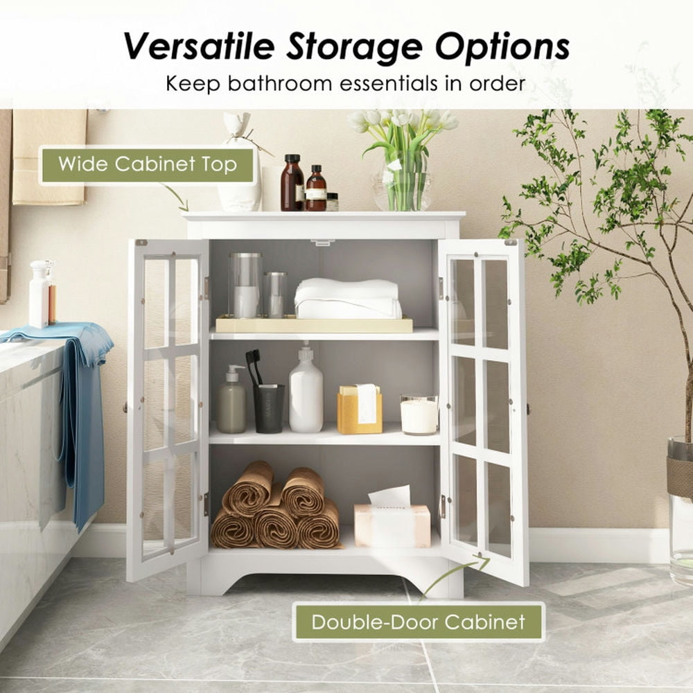 Finihen Storage Cabinet, Floor Cabinet, Freestanding Display Storage Cabinet with 2 Glass Doors and Adjustable Shelves, for Bathroom, Living Room, Bedroom, Kitchen, White