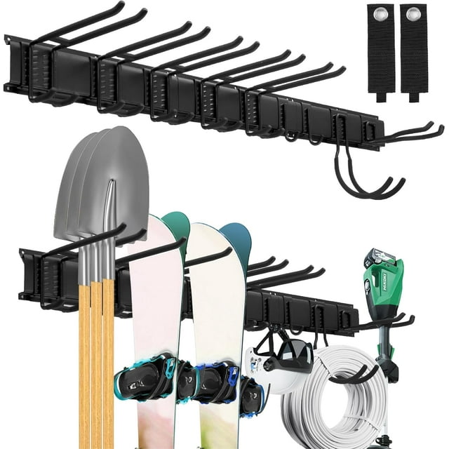 Tool Organizer Wall Mount Garage Storage Wall Organizer Garden Tool Storage Rack with PC fabric bag holder with Hooks with Straps use for Ski Gears Rake Shovel Yard Tool