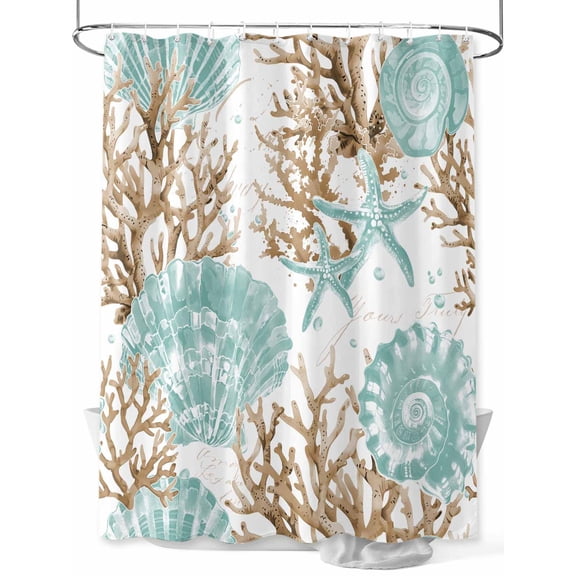 Fsddascl Green Coastal Seashells Shower Curtain Set - Small 36" x 72" Bathtub Curtain with 12 Hooks, Nautical Brown Coral Starfish Waterproof Fabric Stall Shower Curtains for Bathroom/Bathtub