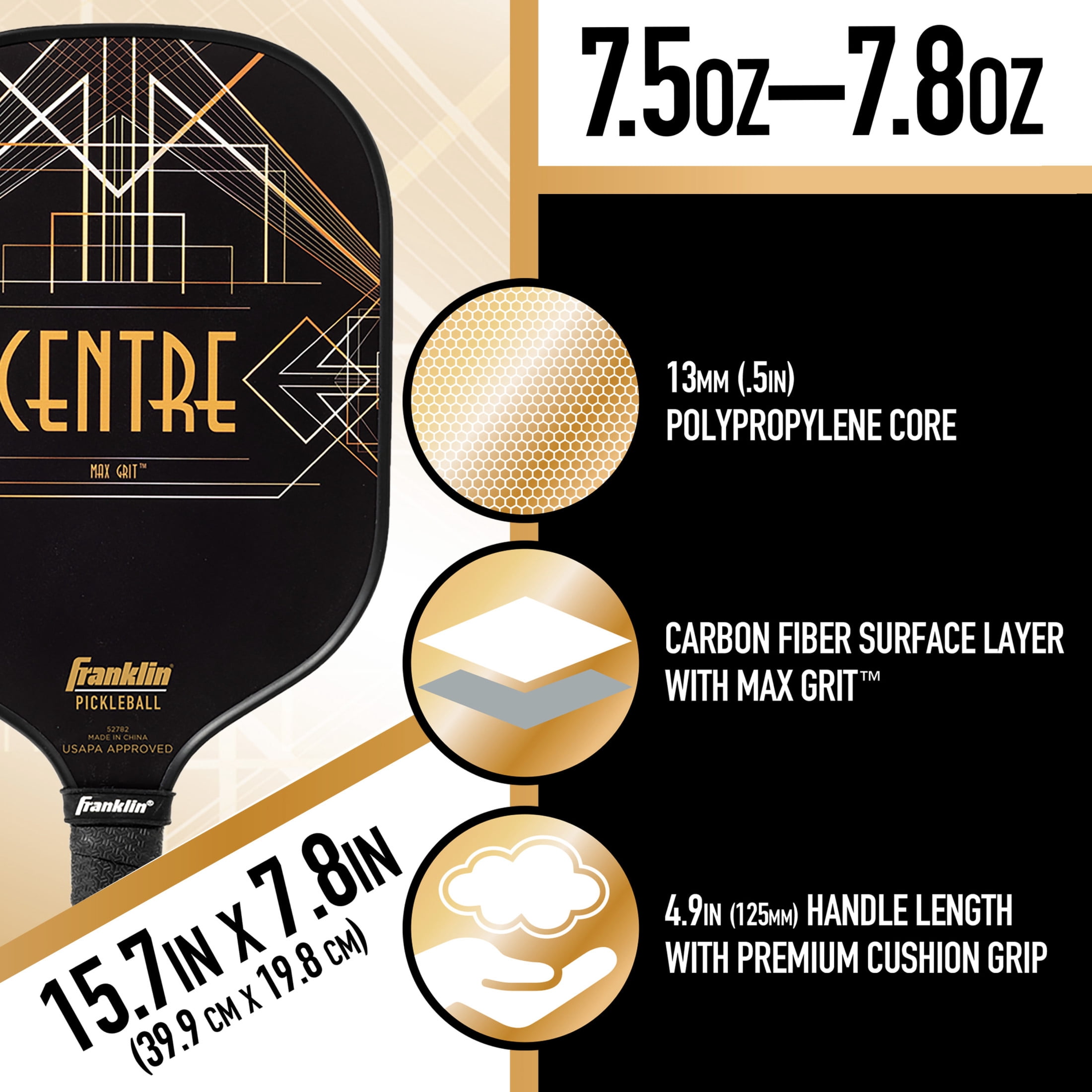 Franklin Sports Pro Pickleball Paddle - Centre Carbon Fiber 13mm Core