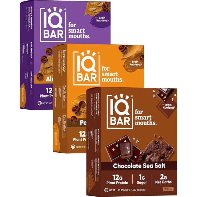 Brain and Body Plant Protein Bars - Chocolate Lovers Variety - 12-Count Low Carb - Gluten Free, High Fiber, Vegan Snacks - Low Sugar Meal Replacement
