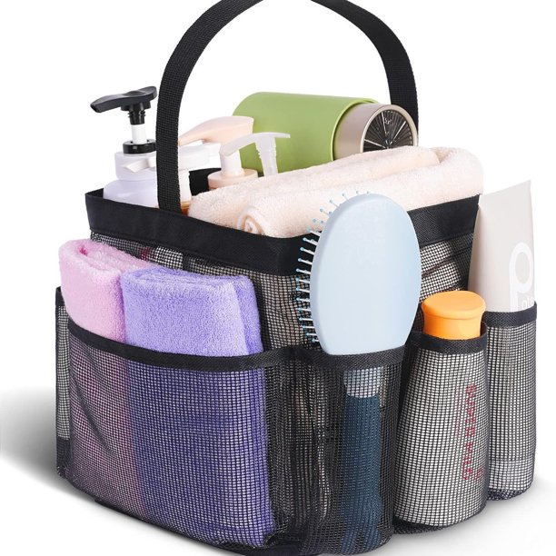 Carrito de ducha de malla portátil para dormitorio universitario, artículos esenciales con 8 bolsillos, cesta de ducha colgante para dormitorio, bolsa de ducha de secado rápido para baño