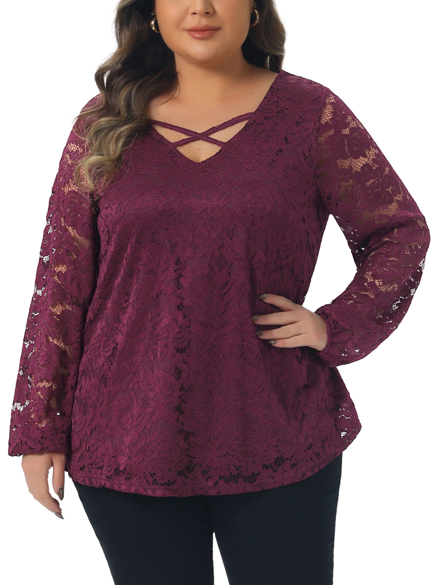 DARING DIVA Women's Plus Lace Blouse Cross V Neck Sheer Double Layers Shirt Tops 3X Red