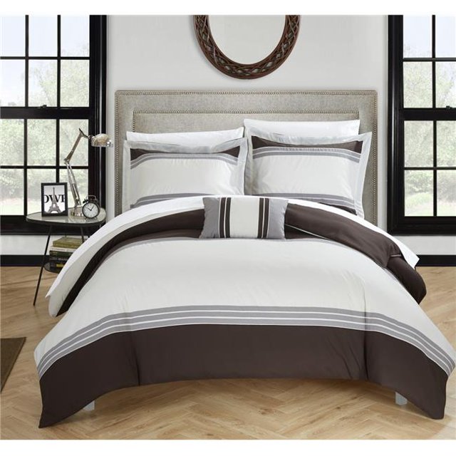 Chic Home DS1138-US 4 Pièce Felma Hôtel Collection Patchwork Rayé Couleur Bloc Très Grand Housse de Couette Set&44; Brun