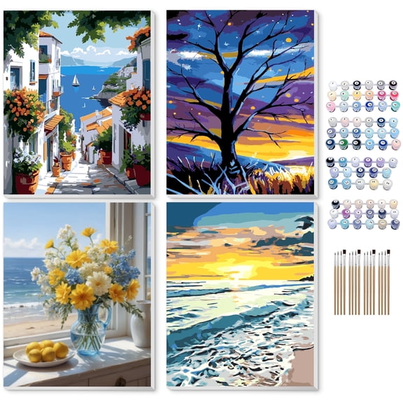 Qoosea 4 Pack Paint by Numbers Kits for Adults Kids, Crafts DIY for Beginners with Wooden Easel, Paint Brushes, Acrylic Paint Set for Home Wall Decor