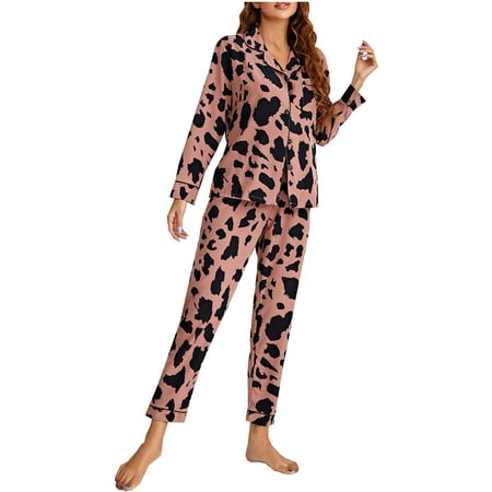 

REORIAFEE Womens Shacket Jacket Milk Print Home Wear Pajamas Two-Piece Suit Long Sleeve Pants Pajama Set Homewear Hot Pink M