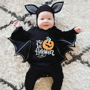 BULLPIANO Newborn Baby Boy Girl Halloween Costume Clothes Infant Toddler Cartoon Bat Romper Jumpsuit   Hat Outfits Set