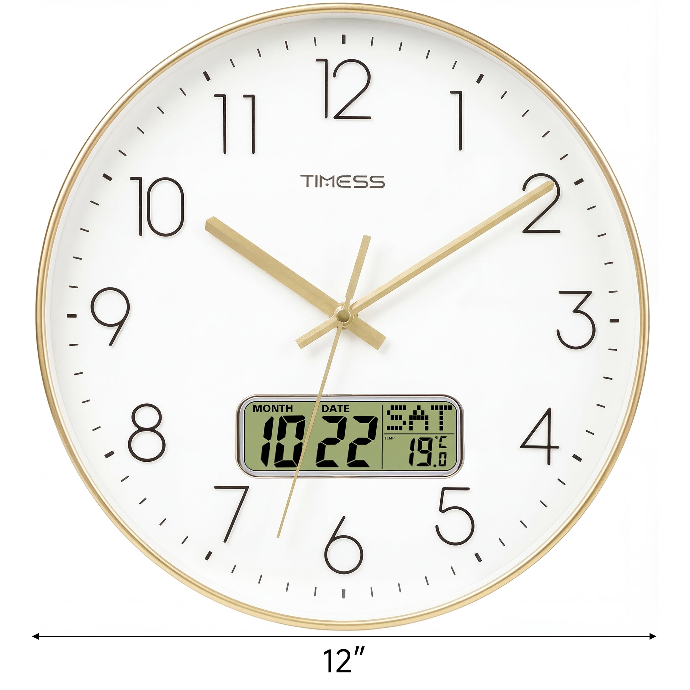 TIMESS 12 Inch Silent Wall Clock with Date Display, Large Easy-Read Numbers, Battery Operated, Modern Home Clock (Gold)