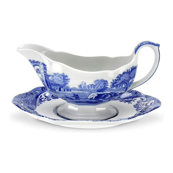 Spode Blue Italian 9 Oz Gravy Boat and Saucer, Earthenware Sauce Boat with Large Handle, Classic Countryside Design, Perfect for Gravy, Sauces, Salad Dressings, Dishwasher & Microwave