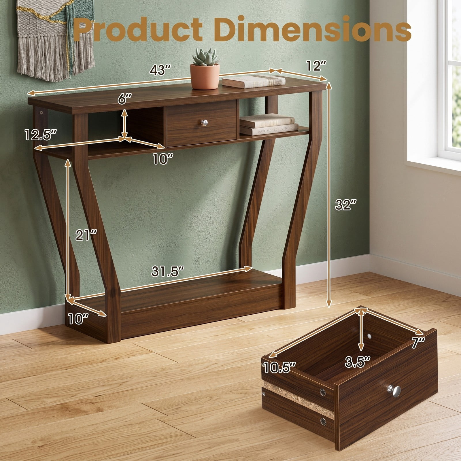 Furnibear Console Hall Table with Storage Drawer and Open Display Shelf and Angled Wood Legs for Entryway and Hallway, Walnut