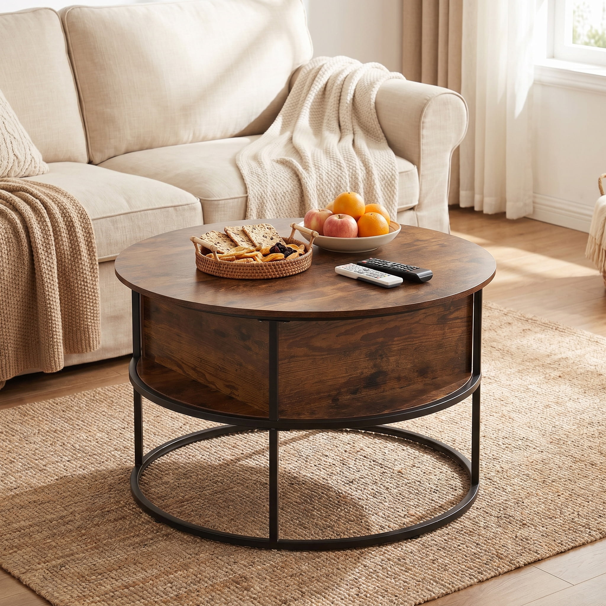 BEAUTYPEAK 32" Round Lift Top Coffee Table with Hidden Storage Circle Living Room Center Table, Dark Walnut