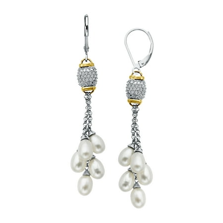 Duet Freshwater Pearl and 1/8 ct Diamond Drop Earrings in Sterling Silver and 14kt Gold