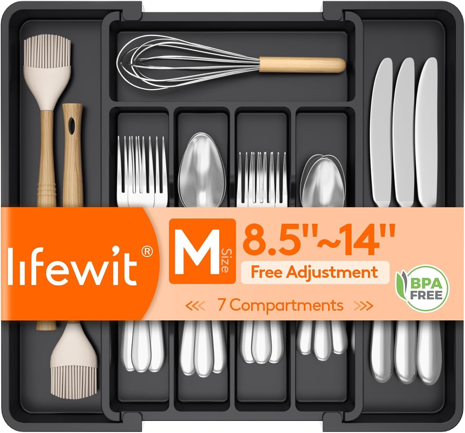 Silverware Drawer Organizer, Expandable Utensil Tray for Kitchen, BPA Free Flatware and Cutlery Holder, Adjustable Plastic Storage for Spoons Forks Knives, 8.5-14 x 12", Black